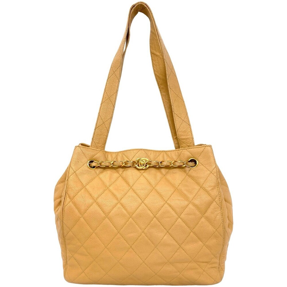 CHANEL Matelassé Coco Mark Caviar Skin Leather Tote Bag Semi-Shoulder Beige d...